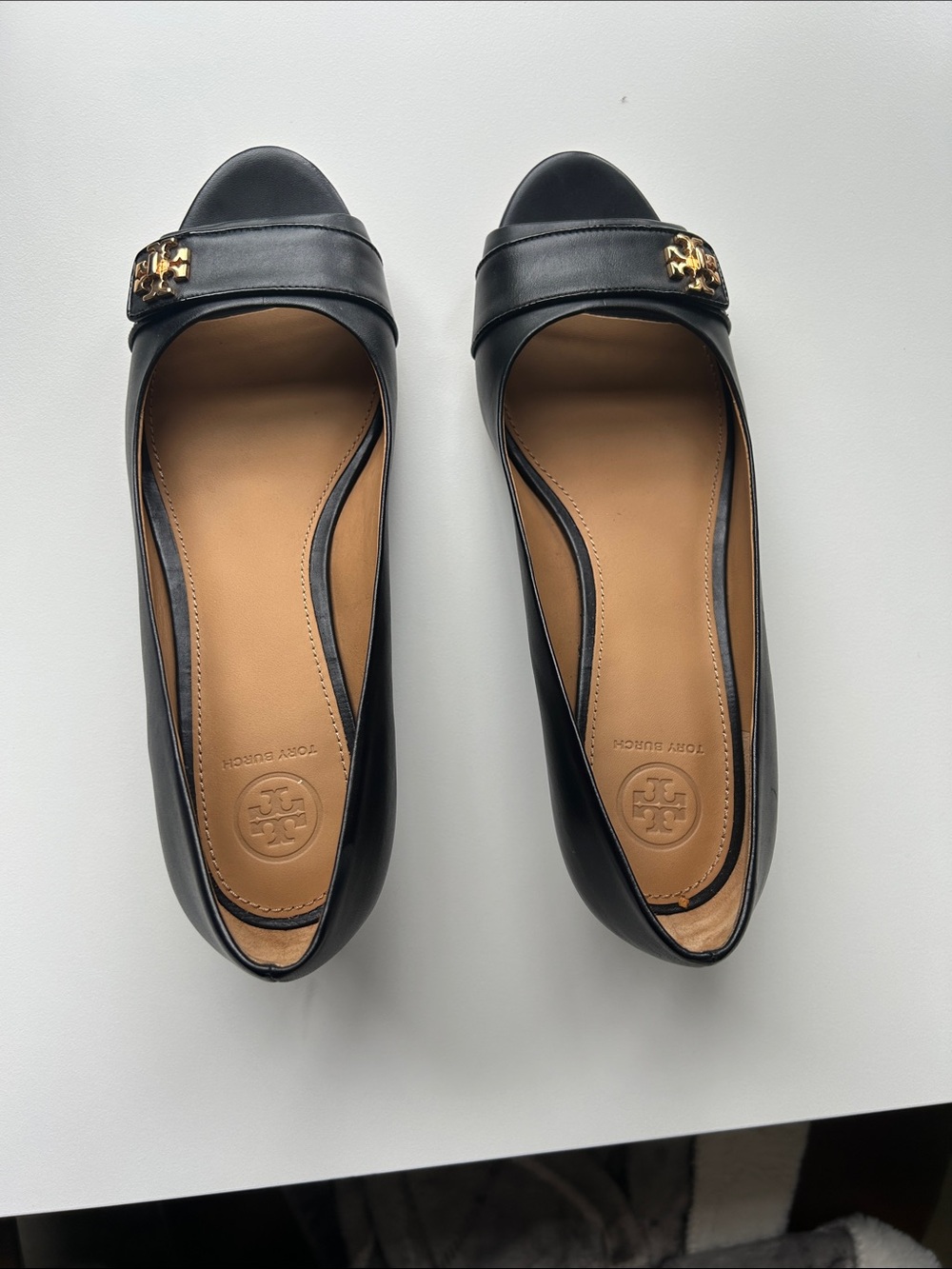 Tory Burch Black Leather Peep-Toe Wedge with Gold Logo Accent